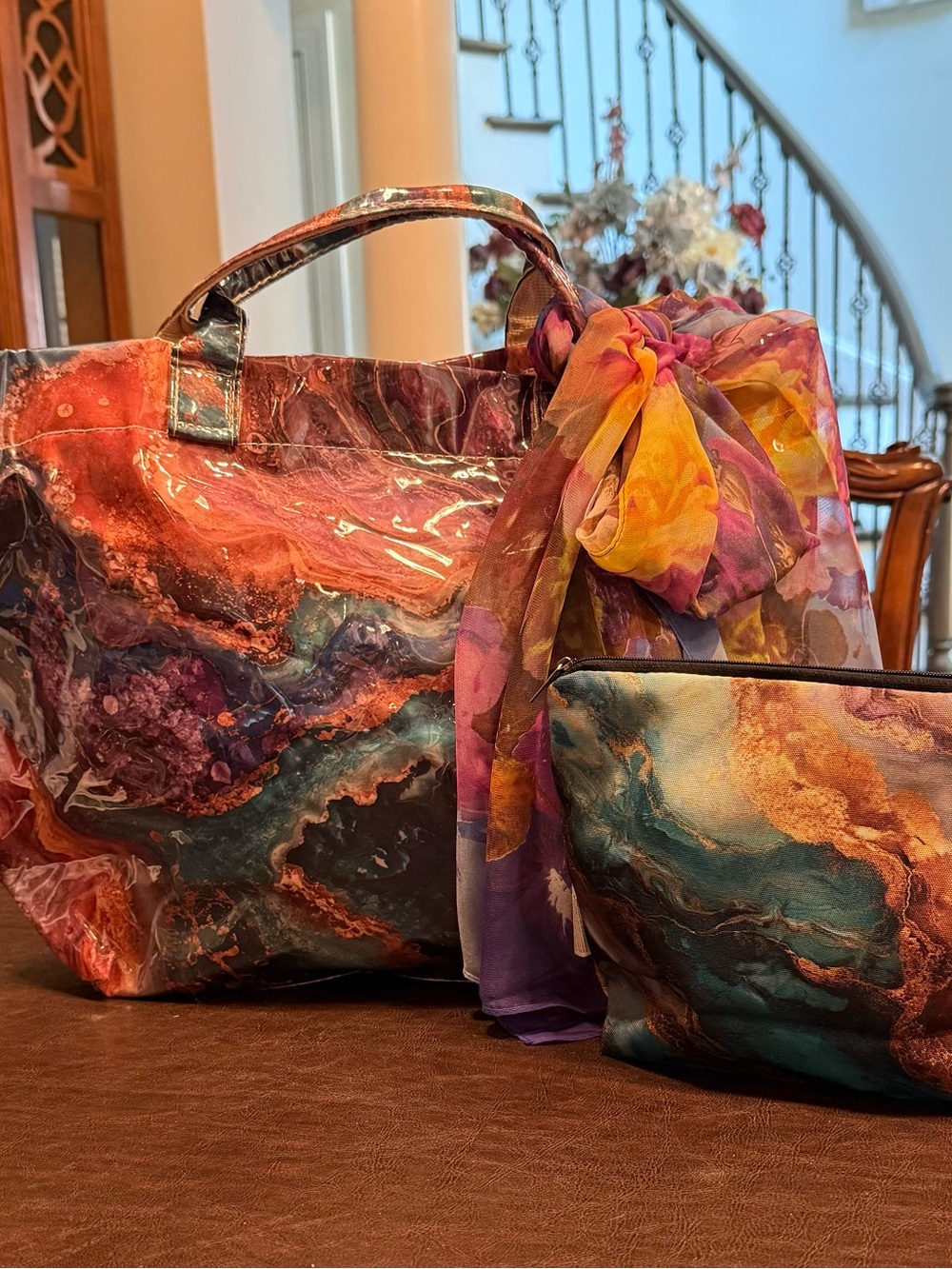 Stunning Artistic Handbag w/Matching Cosmetic Case & Elegant Scarf.